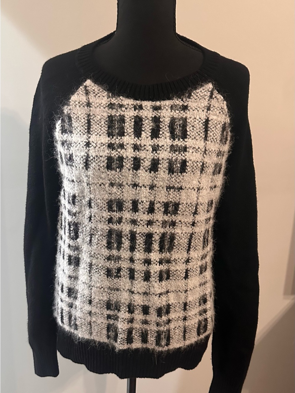 Banana Republic Black Crewneck Sweater with White Plaid Front